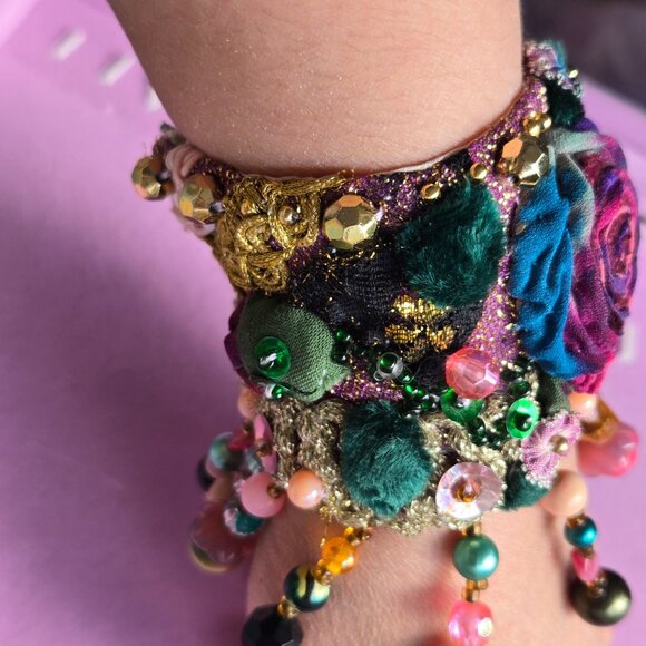 Gypsy Hand Embroidered Bracelet | Boho Tie-dye -Style Textile Cuff | Whimsical - Picture 5 of 11